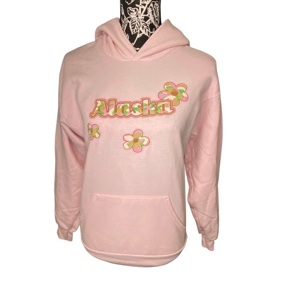 Alaska Pink Glitter Floral Graphic Pullover Hoodie Sweatshirt Pocket Youth Girls